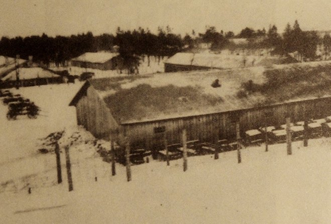 Бараки Шталага-352 в Лесном лагере в Масюковщине, зима 1941 — 42 года